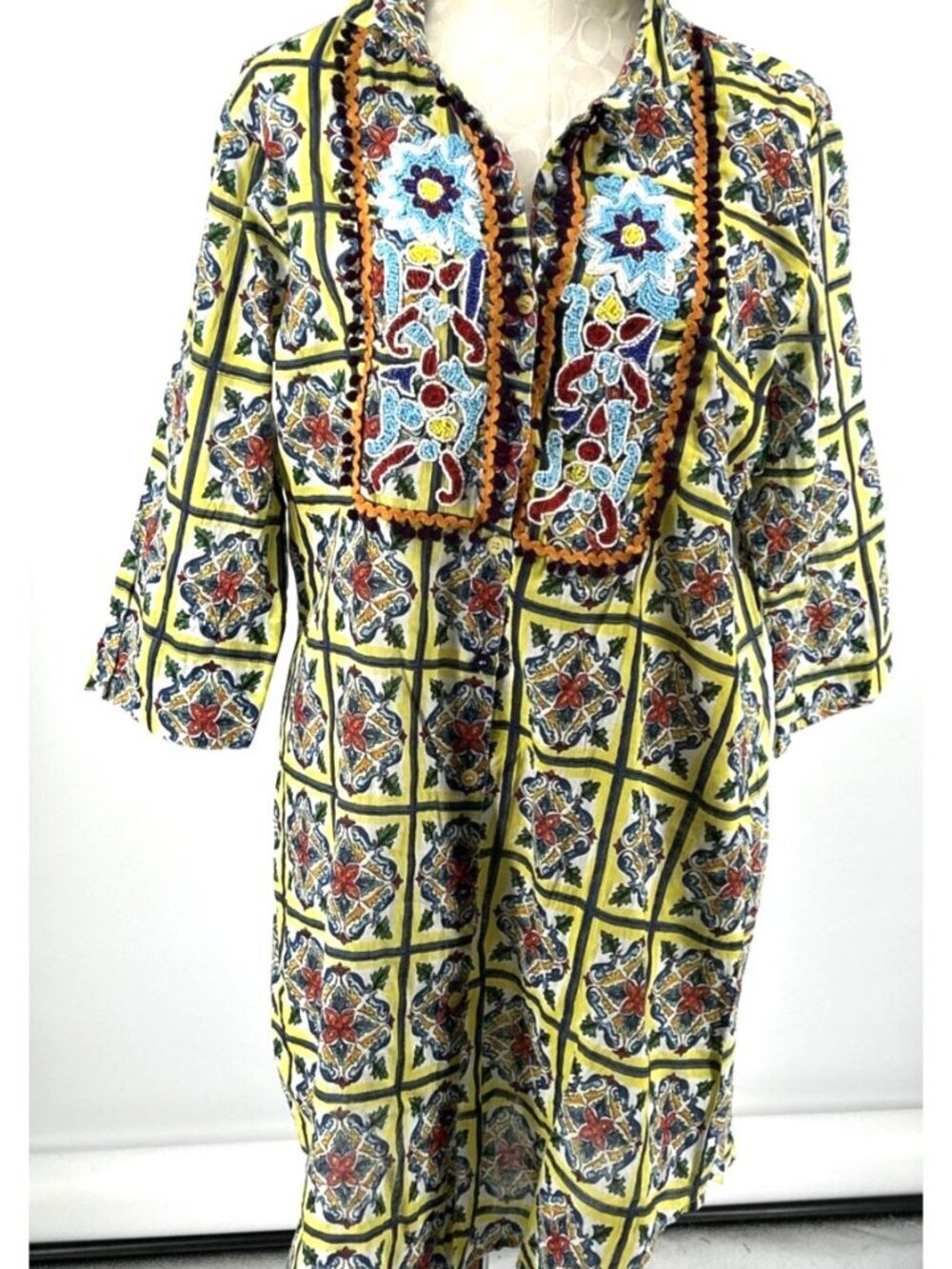 Antica Sartoria Dress Sz M Floral Beaded Cotton Button Front Multicolor